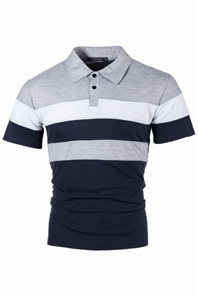 Dashing Polo Shirt Color Block Button Detail Short-Sleeved Turn down Collar Slim Polo Shirt for Men