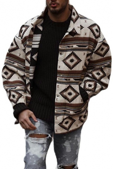 Elegant Casual Jacket Geometric Pattern Turn-down Collar Full-Zip Long-Sleeved Relaxed Fit Casual Jacket for Men