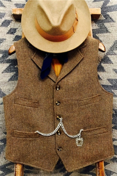 Elegant Vest Lapel Collar Pure Color Button Up Chain Embellished Sleeveless Slim Fit Vest for Men