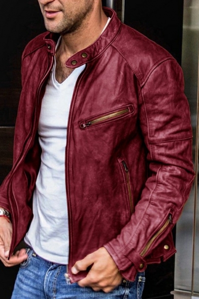 Freestyle Guys Jacket Solid Color Zip Pocket Long-Sleeved Stand Collar Relaxed Zip Up Leather Jacket