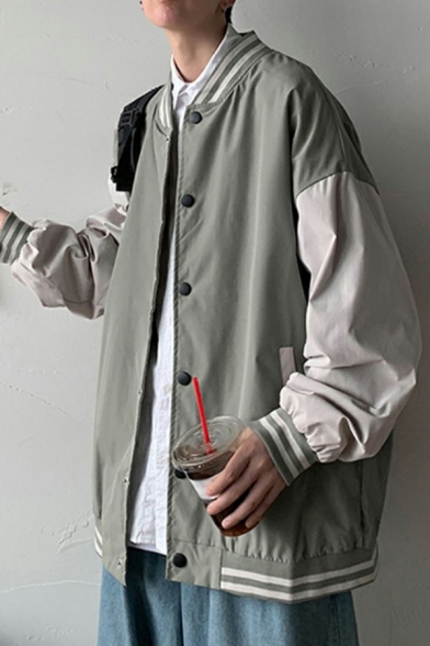 Freestyle Mens Bomber Jacket Contrast Color Splicing Button Closure Long Sleeve Loose Jacket