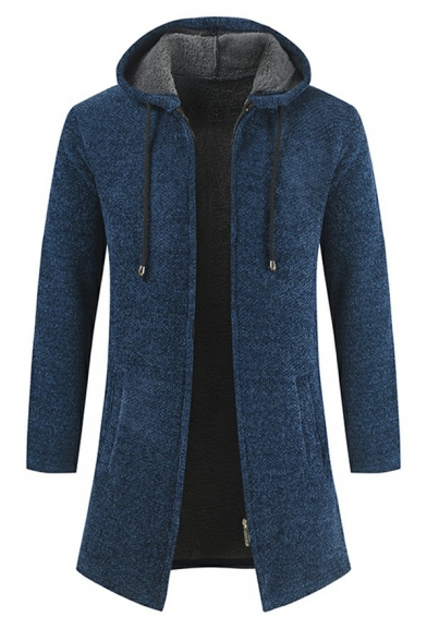 Guys Leisure Knit Cardigan Solid Color Long Sleeve Open-Front Regular Fit Hooded Cardigan