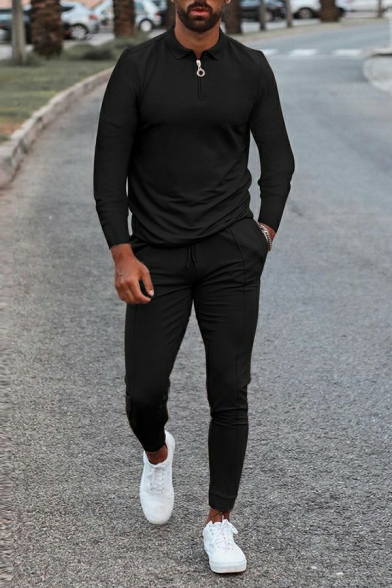 Guys Modern Co-ords Pure Color Long Sleeves Round Neck Tee Shirt & Zipper Pants Regular Co-ords