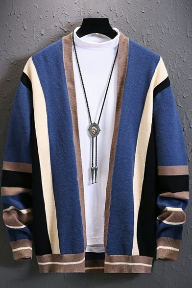 Men Casual Cardigan Contrast Color Open Front Relaxed Fit Long-sleeved Cardigan