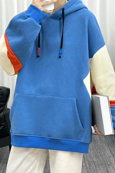 Men Cool Hoodie Color Block Drawcord Front Pocket Long-sleeved Oversized Hoodie