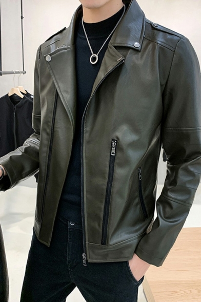 Men Elegant Leather Jacket Solid Color Suit Collar Full Zip Long-Sleeved Fitted Leather Jacket