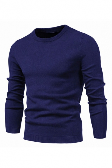 Men Fancy Sweater Solid Color Round Neck Rib Cuffs Long-Sleeved Regular Fit Sweater