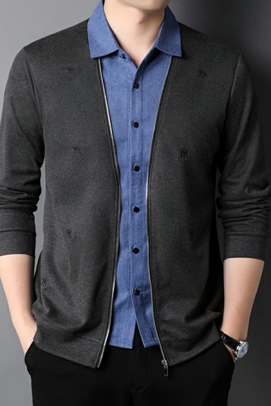 Mens Retro Cardigan Pure Color Stitching Detailed Regular Long Sleeve Open Front Cardigan