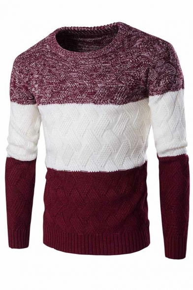 Modern Men's Sweater Contrast Color Long Sleeve Crew Neck Regular Fit Pullover Sweater
