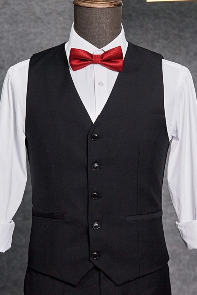 Normal Guys Vest Solid Color V-Neck Single Breasted Pocket Decorated Slim Fit Suit Vest