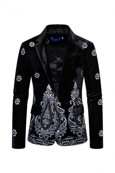 Novelty Guy's Suit Embroidered Pocket Front Notched Collar Long Sleeve Slim Button Up Blazer