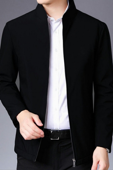 Simple Guys Jacket Solid Color Zipper Down Stand Collar Long Sleeve Slim Fit Casual Jacket