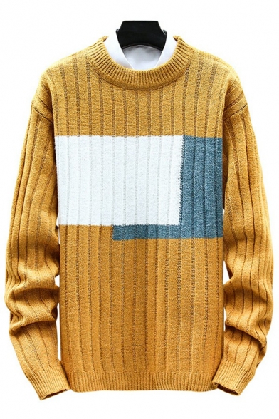 Street Look Sweater Color-Block Round Neck Rib Cuffs Long Sleeve Regular Fitted Sweater for Men