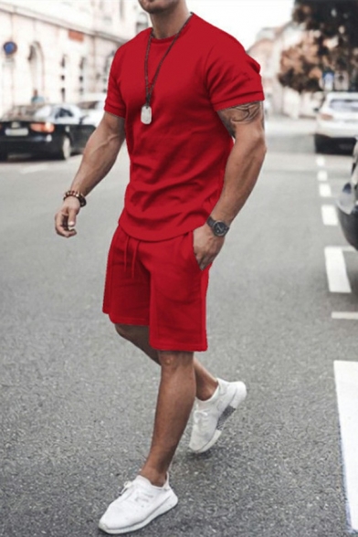 Street Style Co-ords Solid Color Crew Neck Short Sleeves Slim Fit Tee & Shorts Co-ords