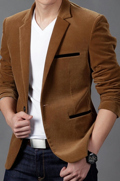 Stylish Blazer Solid Color Suit Collar Chest Pocket Single Breasted Long Sleeves Fitted Blazer for Men