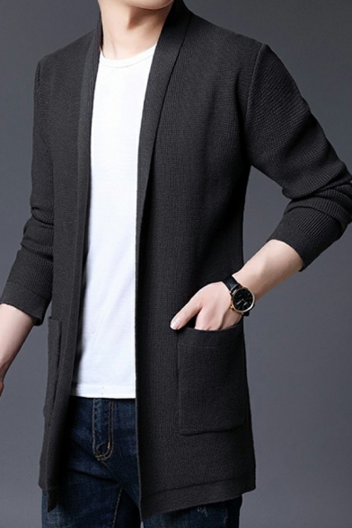 Stylish Cardigan Plain Pocket Detailed Stand Collar Long Length Long-Sleeved Relaxed Open Front Cardigan