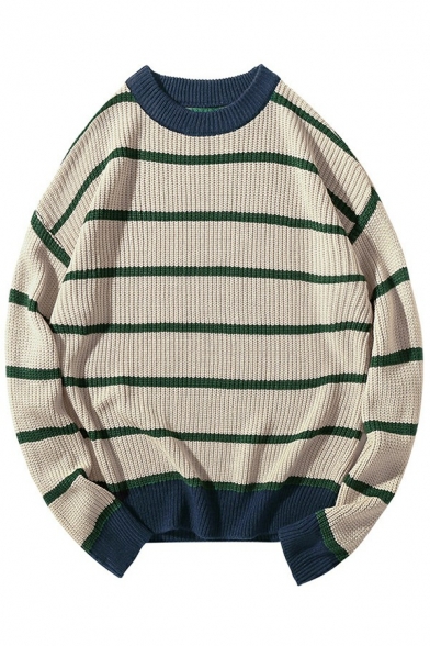 Stylish Sweater Contrast Stripe Print Round Neck Baggy Long Sleeve Pullover Sweater for Men