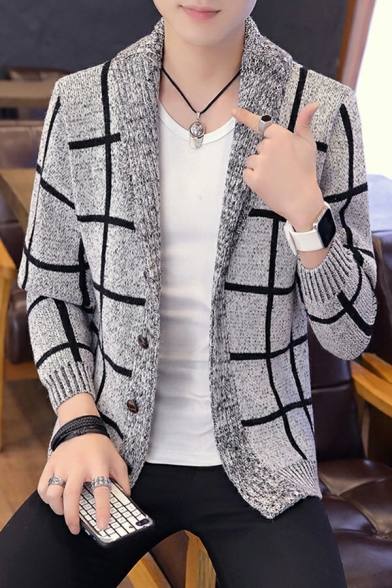 Trendy Cardigan Plaid Pattern Button Down Long-Sleeved Slim Fitted Cardigan for Men