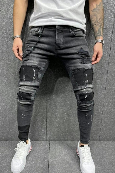 Trendy Denim Jeans Zip Up Side Pocket Chain Embellished Ankle Length Slim Fit Jeans for Men
