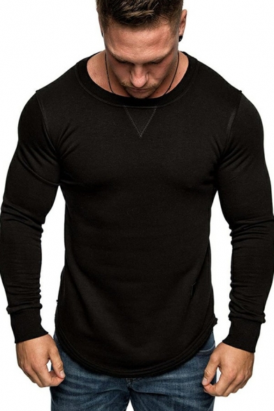 Trendy T-Shirt Plain Round Neck Long Sleeve Slim T-Shirt for Men