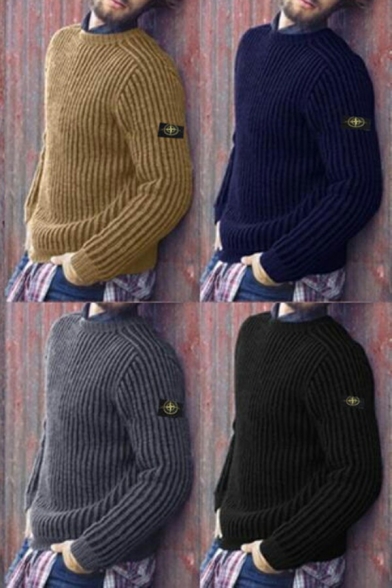 Urban Men's Sweater Pure Color Round Neck Long-Sleeved Regular Fitted Pullover Sweater