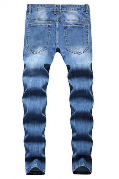 Cool Men Break Hole Jeans Pure Color Medium Wash Mid-Rised Pocket Detail Zipper Placket Long Length Straight Fitted Jeans
