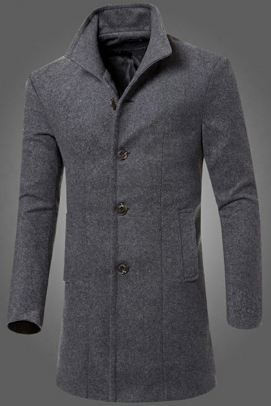 Dashing Mens Woolen Coat Solid Color Single Braest Long Sleeve Lapel Collar Fitted Woolen Coat