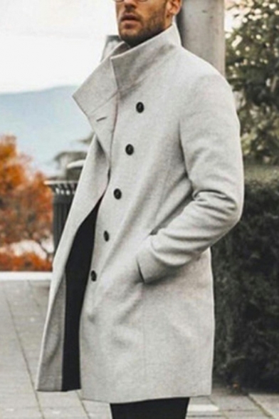 Edgy Mens Pea Coat Pure Color Single Braest Long Sleeve Stand Collar Fitted Pea Coat