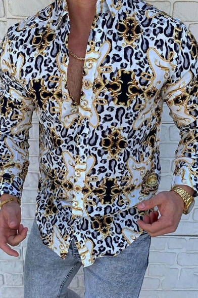 Elegant Shirt Leopard Pattern Turn-down Collar Skinny Long-Sleeved Button Down Shirt for Boys