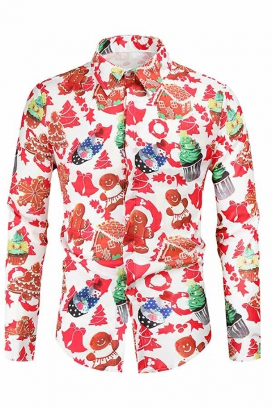 Fancy Christmas Pattern Mens Shirts Turn Down Collar Long Sleeve Button Closure Regular Fit Shirts