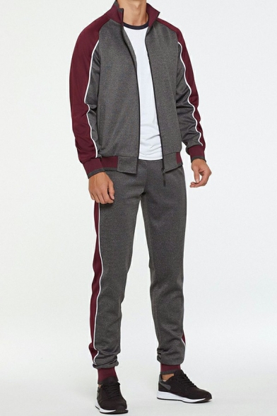 Fancy Mens Set Contrast Color Patchwork Zip Closure Stand Collar Pocket Decorated Sweatshirt & Pants Fit Set