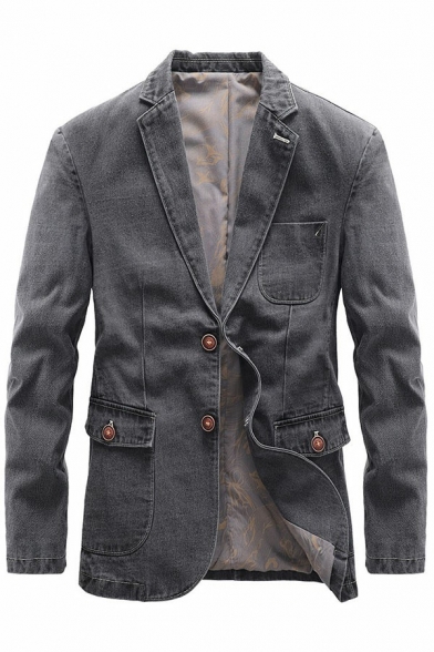 Fashionable Mens Jacket Plain Collar Long Sleeve Button Closure Pocket Detail Denim Jacket