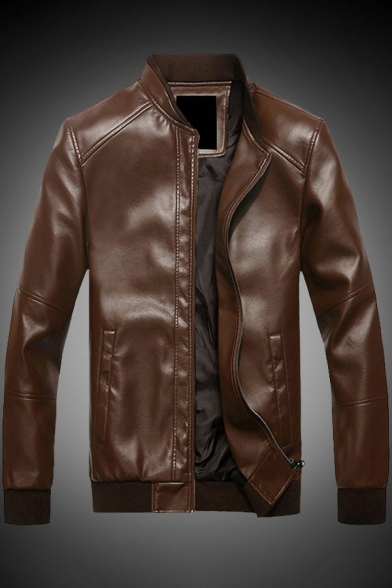Fashionable Mens Leather Jacket Pure Color Lapel Collar Long-Sleeved Pocket Detail Zip Placket Leather Jacket