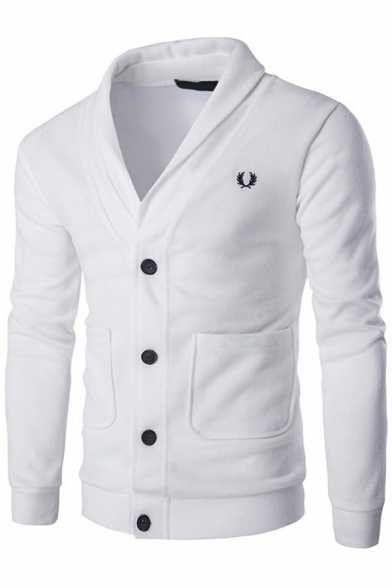 Guy's Fashionable Cardigan Whole Colored V Neck Slim Fitted Long-Sleeved Button Down Cardigan