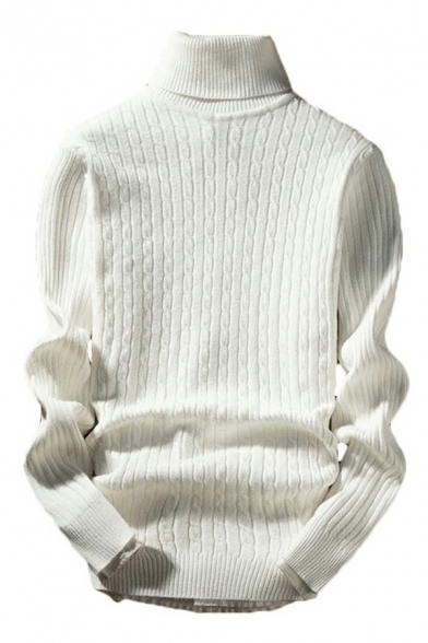 Guys Edgy Pullover Solid Color High Neck Cable Knit Slimming Long-sleeved Pullover