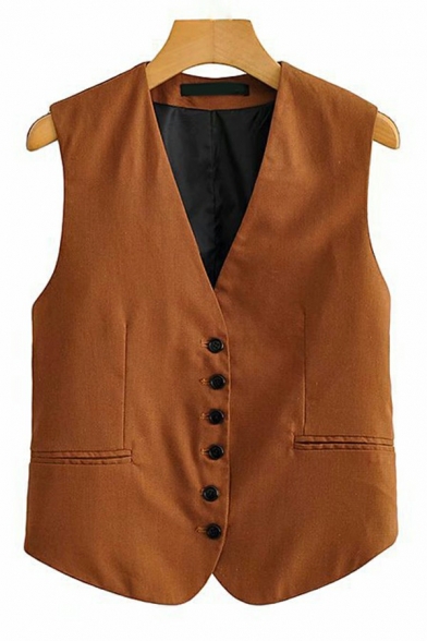 Guys Fancy Vest Solid V-Neck Button Placket Pocket Suit Vest