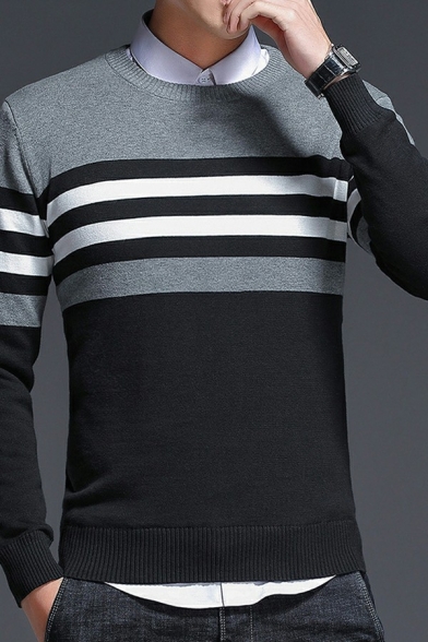Leisure Men's Sweater Contrast Color Stripe Long Sleeve Round Neck Regular Fit Pullover Soft Sweater