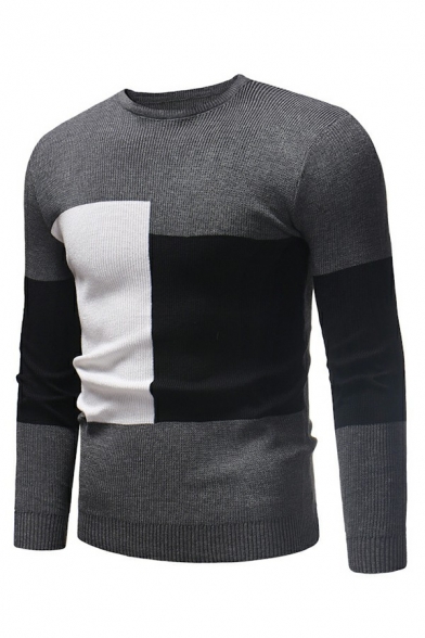 Men Dashing Sweater Color-Block Round Neck Rib Cuffs Long-Sleeved Loose Fit Sweater