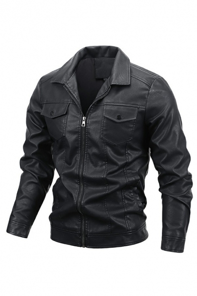 Men Leisure Leather Jacket Solid Color Spread Collar Full-Zip Flap Pocket Long Sleeve Slim Leather Jacket