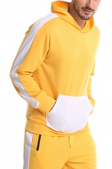 Men's Sporty Set Contrast Color Hooded Drawcord Waist Pants Loose Set