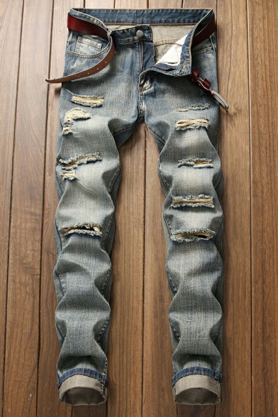 Men Simple Denim Pants Solid Color Zip Fly Shredded Pocket Detailed Fitted Long Denim Pants