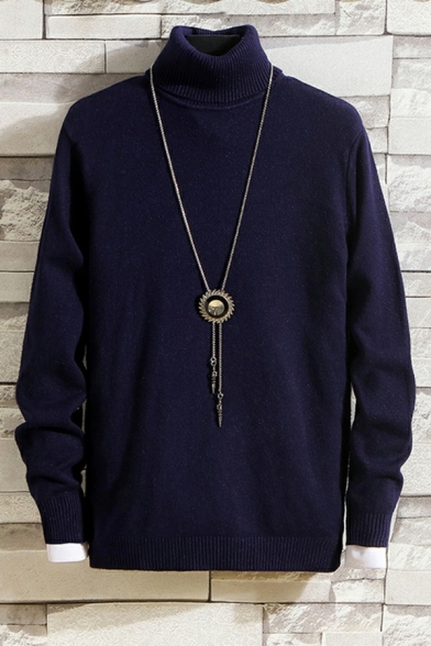 Men Trendy Sweater Plain High Collar Rib Cuffs Long-Sleeved Relaxed Fit Sweater