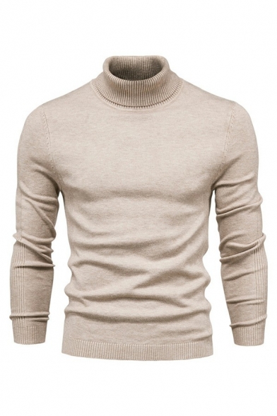 Men Unique Sweater Plain High Collar Rib Cuffs Long Sleeves Slim Fitted Sweater