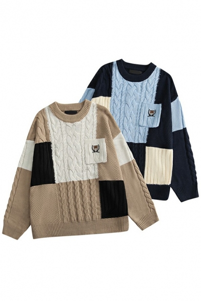 Retro Sweater Color Block Round Neck Rib Cuffs Long Sleeve Relaxed Sweater for Men