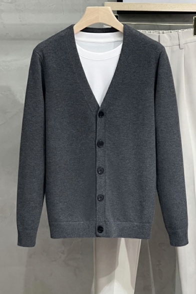 Simple Mens Cardigan Plain V-Neck Button Placket Ribbed Trim Long Sleeve Slim Fitted Cardigan