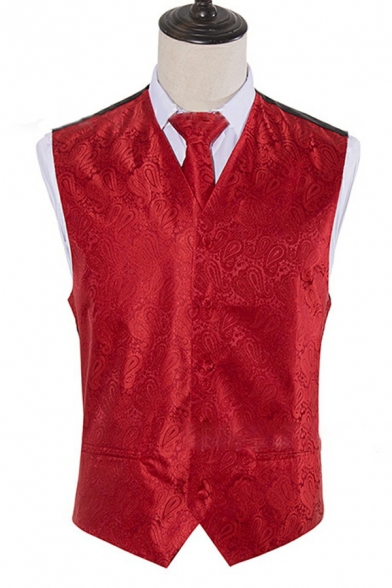 Simple Suit Vest Pure Color Button-up V-Neck Regular Fit Suit Vest for Guys