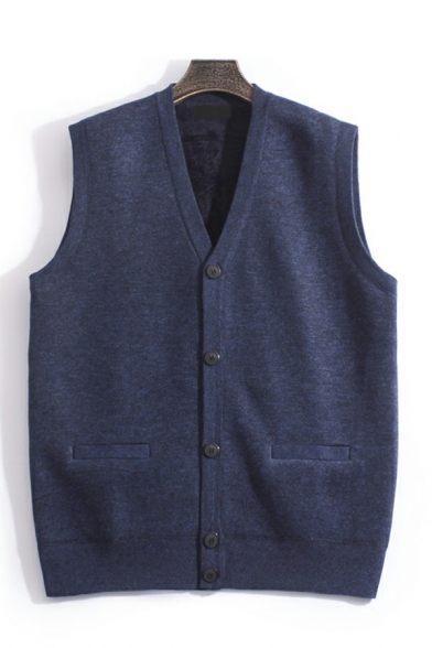 Simple Sweater Vest Plain V-Neck Sleeveless Button Closure Regular Fit Knitted Vest for Men