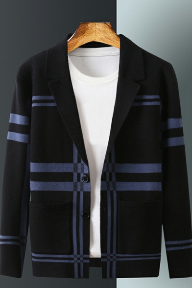 Unique Cardigan Striped Printed Collar Relaxed Fitted Long-Sleeved Single Button Cardigan for Boys