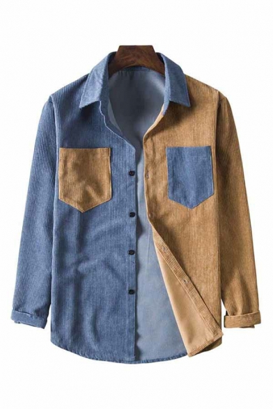 Unique Contrast Paneled Mens Shirts Turn-Down Collar Chest Pockets Button Fly Oversized Shirts
