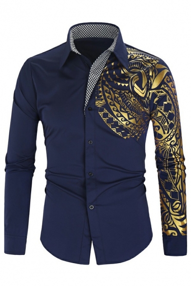 Unique Shirt Point Collar Button Up Hot stamping Print Long Sleeve Slim Fit Shirt for Men